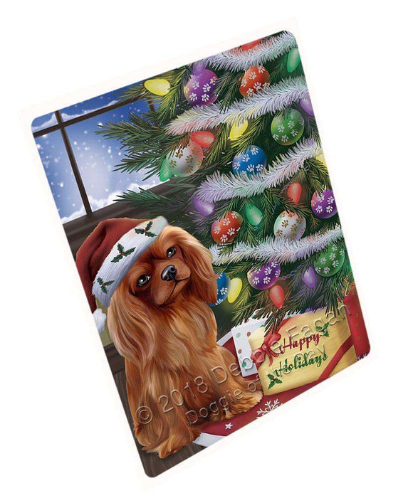 Christmas Happy Holidays Cavalier King Charles Spaniel Dog with Tree and Presents Blanket BLNKT101676