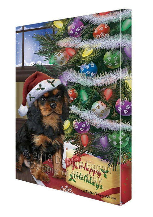 Christmas Happy Holidays Cavalier King Charles Spaniel Dog with Tree and Presents Canvas Print Wall Art Décor CVS102176