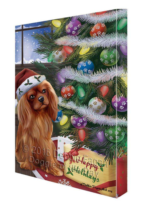 Christmas Happy Holidays Cavalier King Charles Spaniel Dog with Tree and Presents Canvas Print Wall Art Décor CVS102185