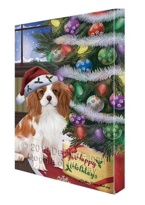 Christmas Happy Holidays Cavalier King Charles Spaniel Dog with Tree and Presents Canvas Print Wall Art Décor CVS102194