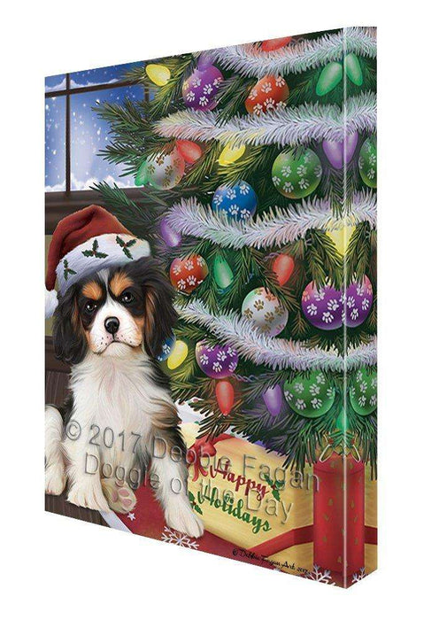 Christmas Happy Holidays Cavalier King Charles Spaniel Dog with Tree and Presents Canvas Wall Art
