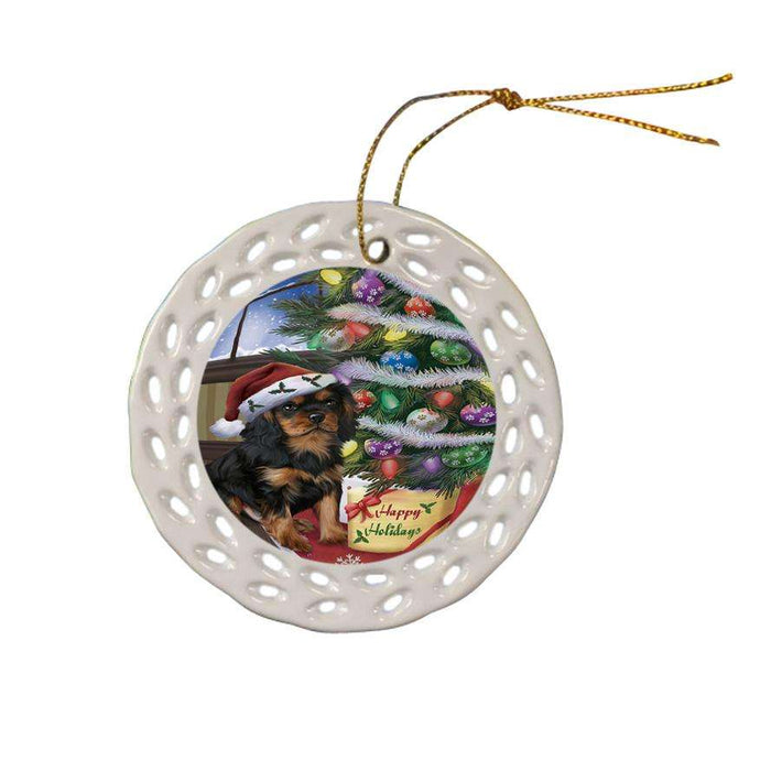 Christmas Happy Holidays Cavalier King Charles Spaniel Dog with Tree and Presents Ceramic Doily Ornament DPOR53814