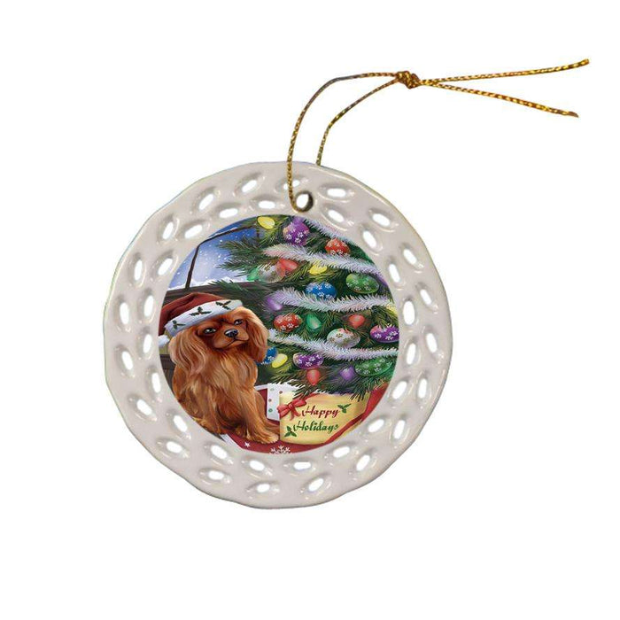 Christmas Happy Holidays Cavalier King Charles Spaniel Dog with Tree and Presents Ceramic Doily Ornament DPOR53815