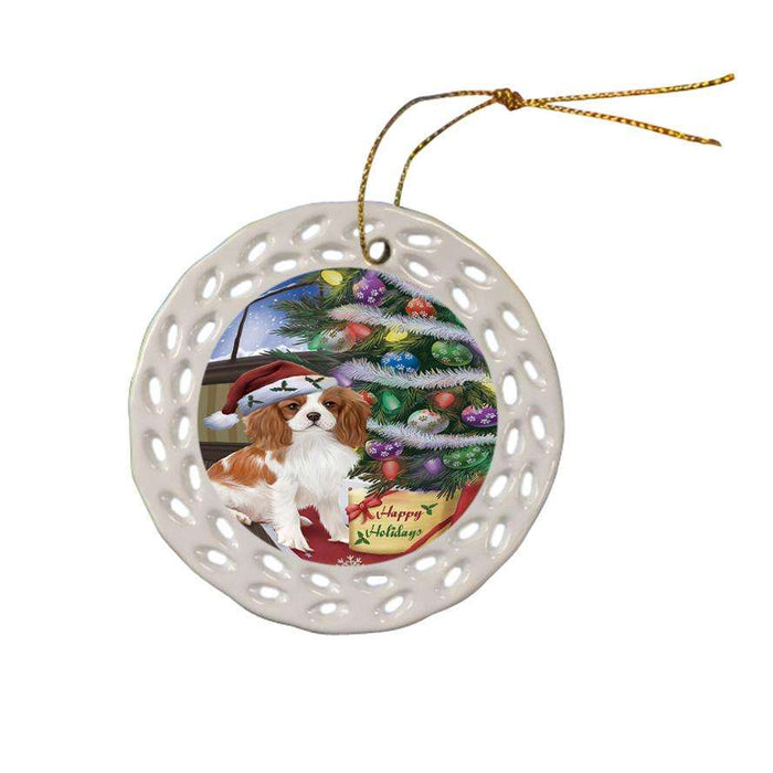 Christmas Happy Holidays Cavalier King Charles Spaniel Dog with Tree and Presents Ceramic Doily Ornament DPOR53816