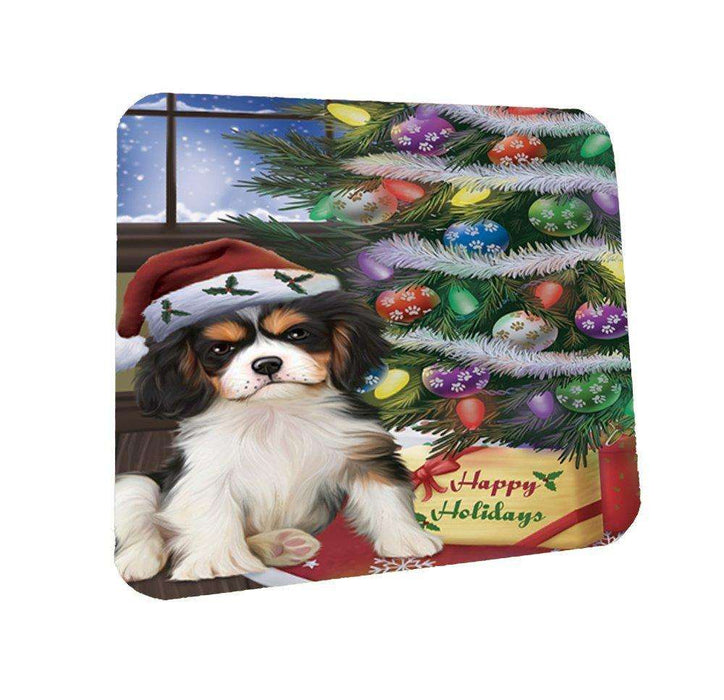 Christmas Happy Holidays Cavalier King Charles Spaniel Dog with Tree and Presents Coasters Set of 4