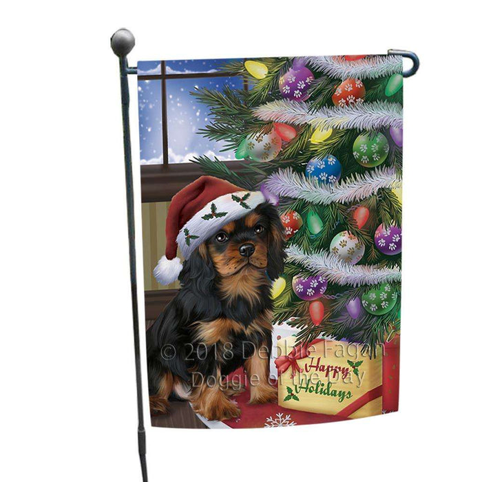 Christmas Happy Holidays Cavalier King Charles Spaniel Dog with Tree and Presents Garden Flag GFLG53876