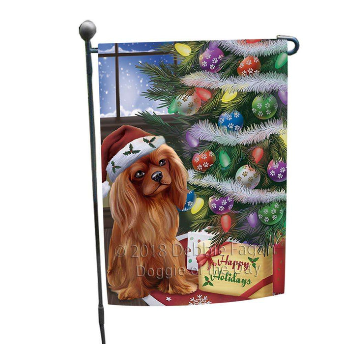 Christmas Happy Holidays Cavalier King Charles Spaniel Dog with Tree and Presents Garden Flag GFLG53877