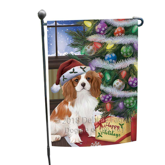 Christmas Happy Holidays Cavalier King Charles Spaniel Dog with Tree and Presents Garden Flag GFLG53878