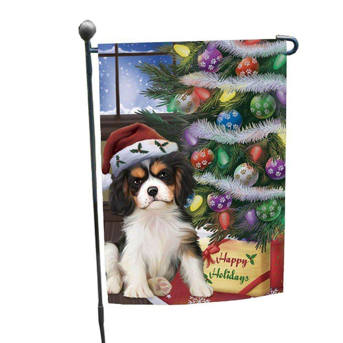 Christmas Happy Holidays Cavalier King Charles Spaniel Dog with Tree and Presents Garden Flag