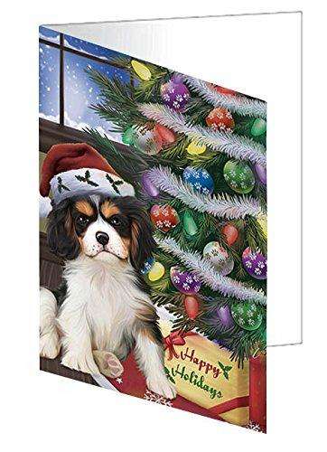Christmas Happy Holidays Cavalier King Charles Spaniel Dog with Tree and Presents Handmade Artwork Assorted Pets Greeting Cards and Note Cards with Envelopes for All Occasions and Holiday Seasons