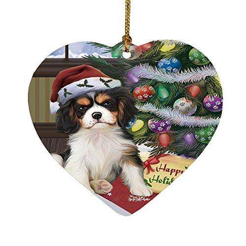 Christmas Happy Holidays Cavalier King Charles Spaniel Dog with Tree and Presents Heart Ornament