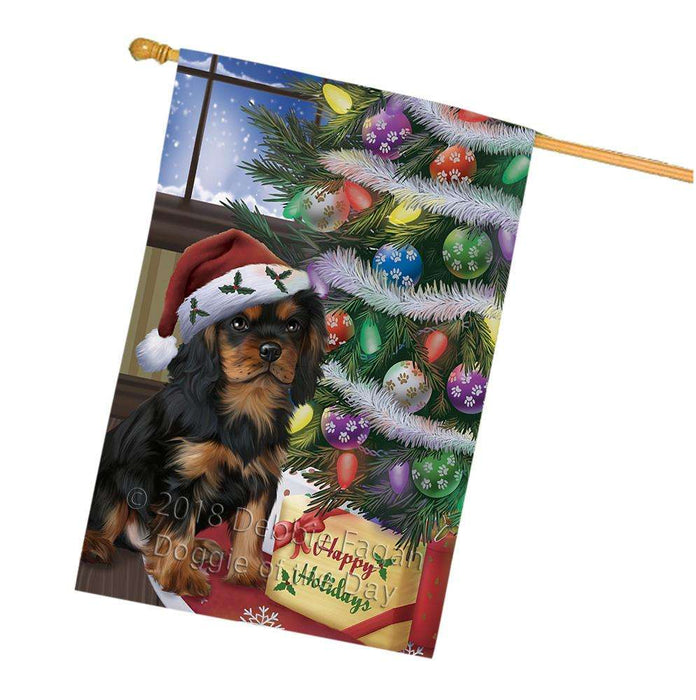 Christmas Happy Holidays Cavalier King Charles Spaniel Dog with Tree and Presents House Flag FLG54012