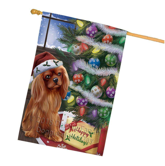 Christmas Happy Holidays Cavalier King Charles Spaniel Dog with Tree and Presents House Flag FLG54013