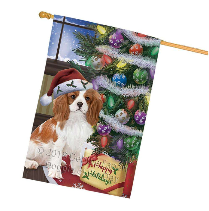 Christmas Happy Holidays Cavalier King Charles Spaniel Dog with Tree and Presents House Flag FLG54014