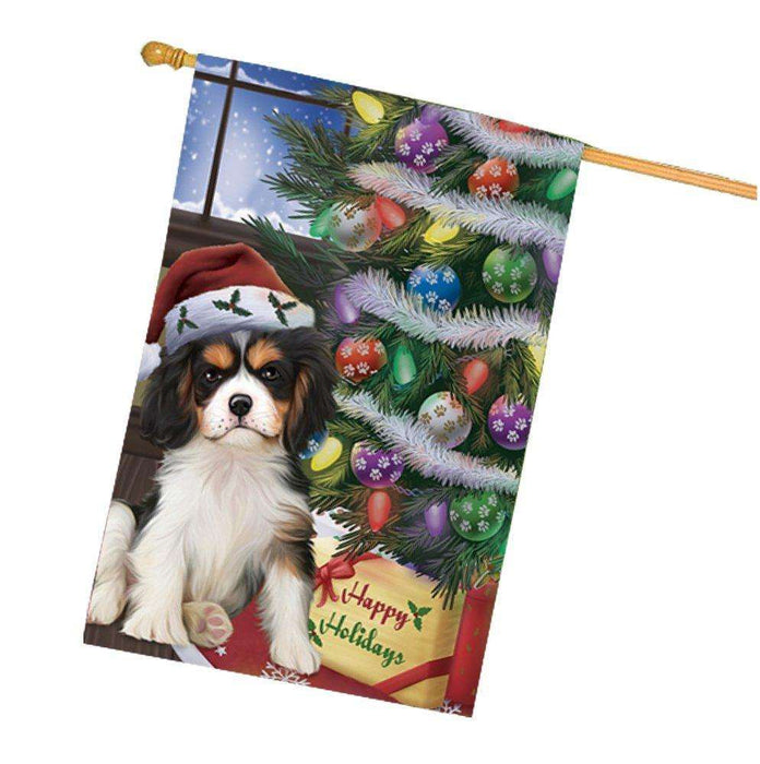 Christmas Happy Holidays Cavalier King Charles Spaniel Dog with Tree and Presents House Flag