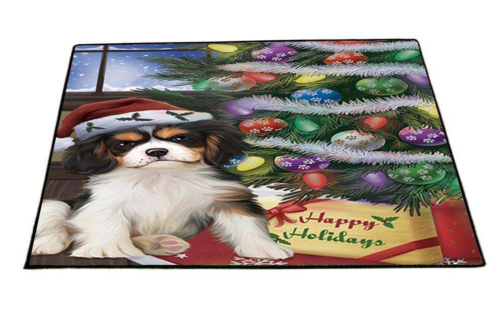 Christmas Happy Holidays Cavalier King Charles Spaniel Dog with Tree and Presents Indoor/Outdoor Floormat