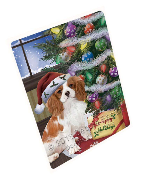 Christmas Happy Holidays Cavalier King Charles Spaniel Dog with Tree and Presents Large Refrigerator / Dishwasher Magnet RMAG83778
