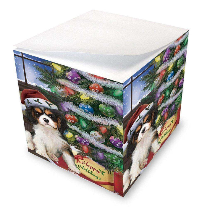 Christmas Happy Holidays Cavalier King Charles Spaniel Dog with Tree and Presents Note Cube