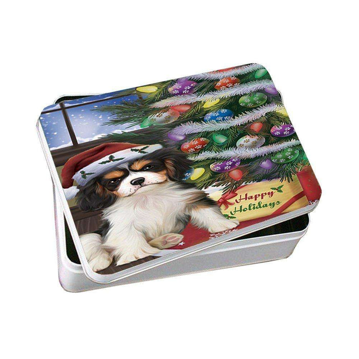 Christmas Happy Holidays Cavalier King Charles Spaniel Dog with Tree and Presents Photo Storage Tin