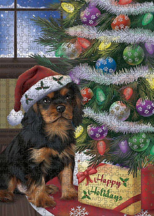 Christmas Happy Holidays Cavalier King Charles Spaniel Dog with Tree and Presents Puzzle with Photo Tin PUZL82412