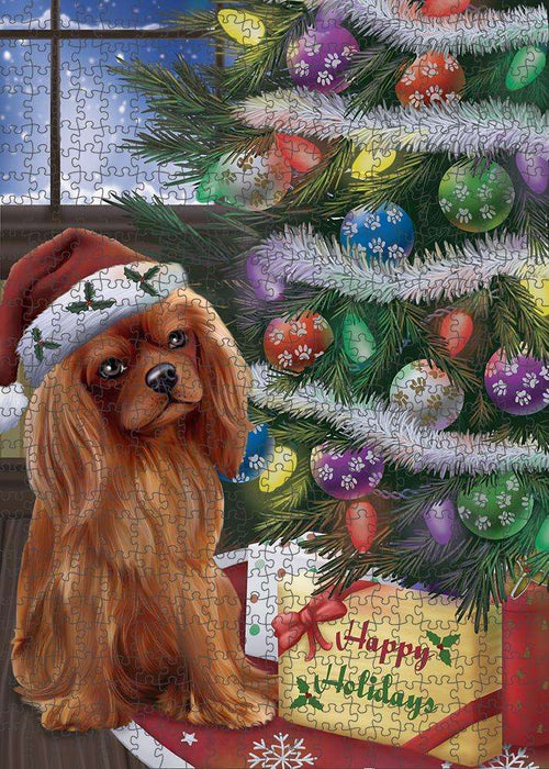 Christmas Happy Holidays Cavalier King Charles Spaniel Dog with Tree and Presents Puzzle with Photo Tin PUZL82416