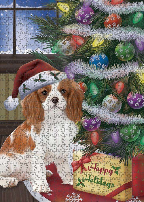 Christmas Happy Holidays Cavalier King Charles Spaniel Dog with Tree and Presents Puzzle with Photo Tin PUZL82420