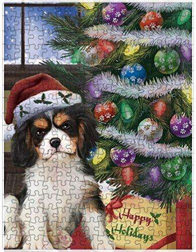 Christmas Happy Holidays Cavalier King Charles Spaniel Dog with Tree and Presents Puzzle with Photo Tin
