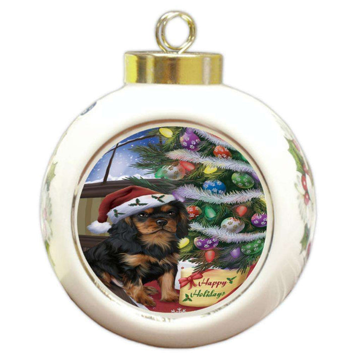 Christmas Happy Holidays Cavalier King Charles Spaniel Dog with Tree and Presents Round Ball Christmas Ornament RBPOR53814