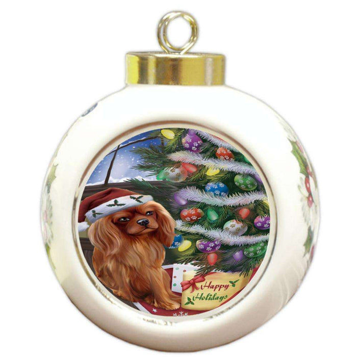 Christmas Happy Holidays Cavalier King Charles Spaniel Dog with Tree and Presents Round Ball Christmas Ornament RBPOR53815