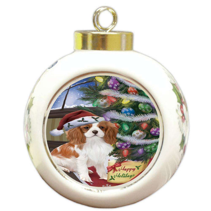 Christmas Happy Holidays Cavalier King Charles Spaniel Dog with Tree and Presents Round Ball Christmas Ornament RBPOR53816