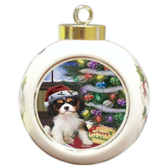 Christmas Happy Holidays Cavalier King Charles Spaniel Dog with Tree and Presents Round Ball Ornament
