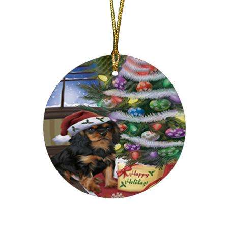 Christmas Happy Holidays Cavalier King Charles Spaniel Dog with Tree and Presents Round Flat Christmas Ornament RFPOR53805