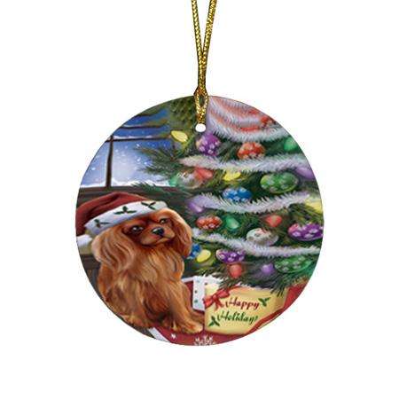 Christmas Happy Holidays Cavalier King Charles Spaniel Dog with Tree and Presents Round Flat Christmas Ornament RFPOR53806