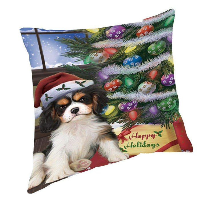 Christmas Happy Holidays Cavalier King Charles Spaniel Dog with Tree and Presents Throw Pillow