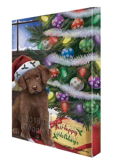 Christmas Happy Holidays Chesapeake Bay Retriever Dog with Tree and Presents Canvas Print Wall Art Décor CVS102212