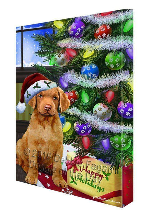 Christmas Happy Holidays Chesapeake Bay Retriever Dog with Tree and Presents Canvas Wall Art