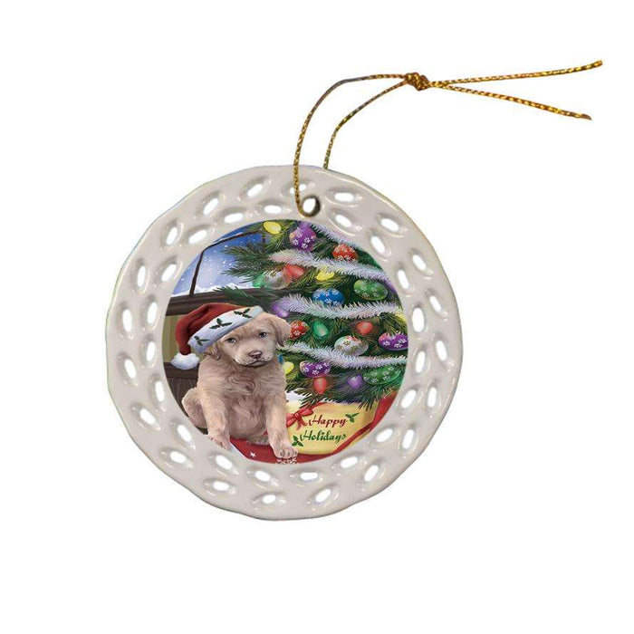 Christmas Happy Holidays Chesapeake Bay Retriever Dog with Tree and Presents Ceramic Doily Ornament DPOR53817