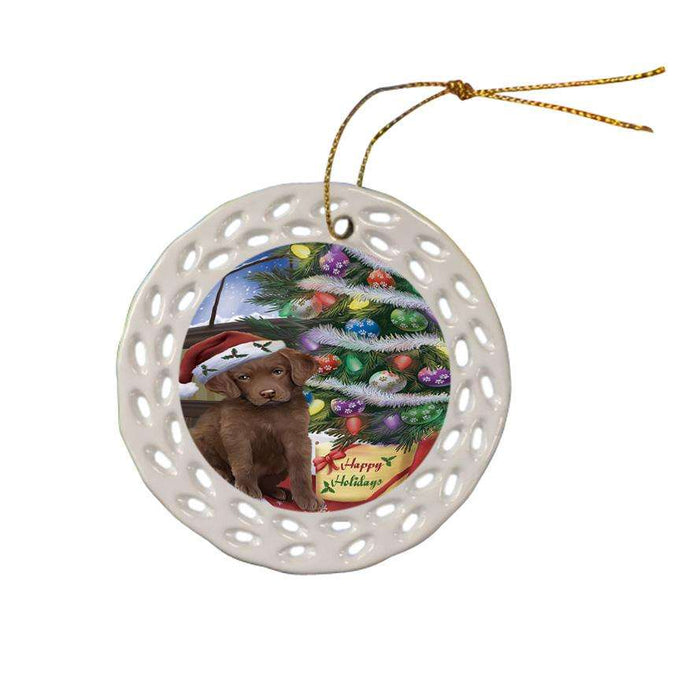 Christmas Happy Holidays Chesapeake Bay Retriever Dog with Tree and Presents Ceramic Doily Ornament DPOR53818