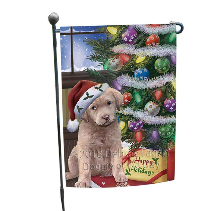 Christmas Happy Holidays Chesapeake Bay Retriever Dog with Tree and Presents Garden Flag GFLG53879