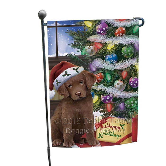 Christmas Happy Holidays Chesapeake Bay Retriever Dog with Tree and Presents Garden Flag GFLG53880
