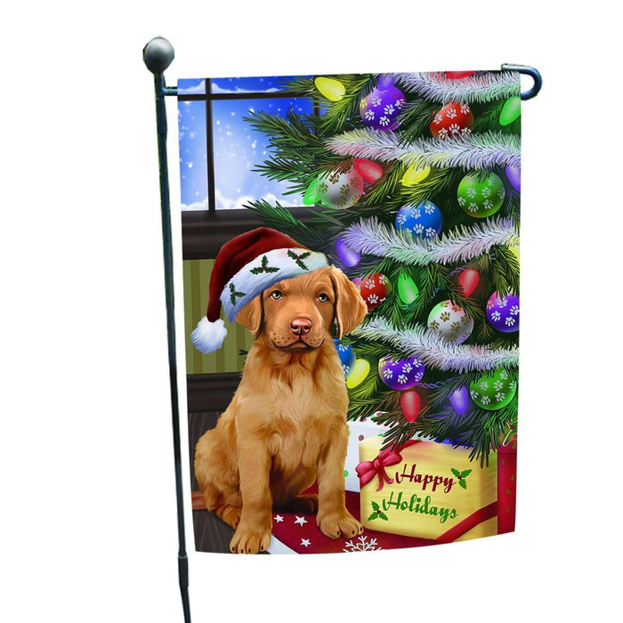 Christmas Happy Holidays Chesapeake Bay Retriever Dog with Tree and Presents Garden Flag