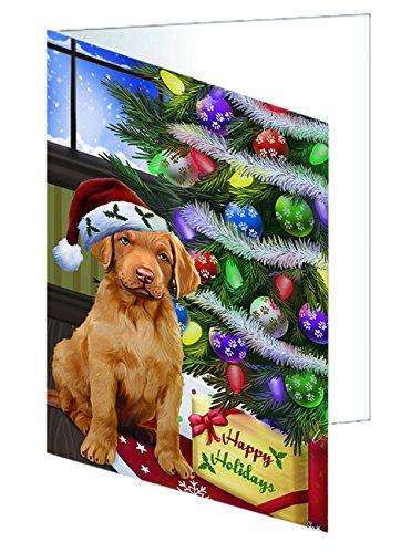 Christmas Happy Holidays Chesapeake Bay Retriever Dog with Tree and Presents Handmade Artwork Assorted Pets Greeting Cards and Note Cards with Envelopes for All Occasions and Holiday Seasons