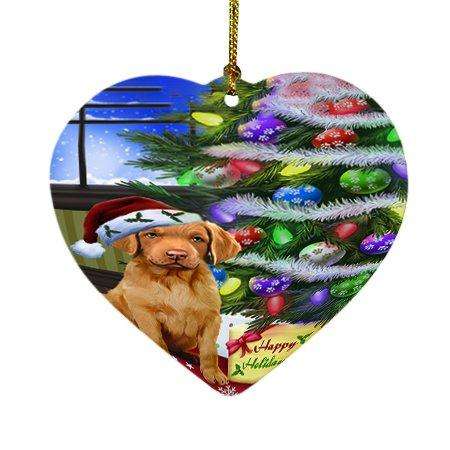 Christmas Happy Holidays Chesapeake Bay Retriever Dog with Tree and Presents Heart Ornament D046