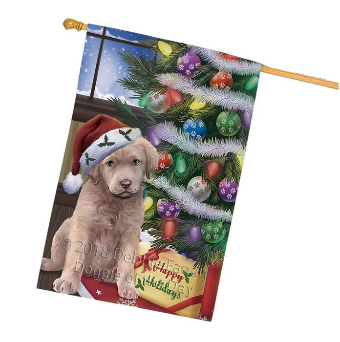 Christmas Happy Holidays Chesapeake Bay Retriever Dog with Tree and Presents House Flag FLG54015