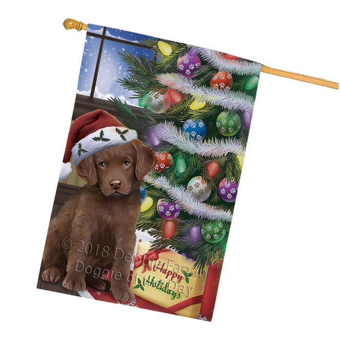 Christmas Happy Holidays Chesapeake Bay Retriever Dog with Tree and Presents House Flag FLG54016