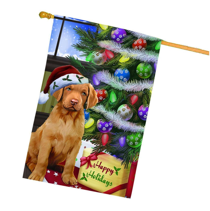 Christmas Happy Holidays Chesapeake Bay Retriever Dog with Tree and Presents House Flag