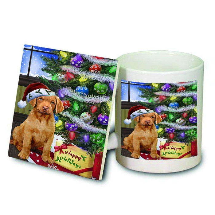 Christmas Happy Holidays Chesapeake Bay Retriever Dog with Tree and Presents Mug and Coaster Set