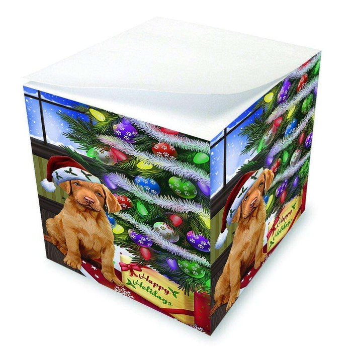 Christmas Happy Holidays Chesapeake Bay Retriever Dog with Tree and Presents Note Cube D042