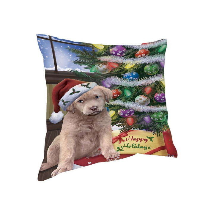 Christmas Happy Holidays Chesapeake Bay Retriever Dog with Tree and Presents Pillow PIL71892