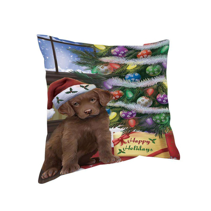 Christmas Happy Holidays Chesapeake Bay Retriever Dog with Tree and Presents Pillow PIL71896